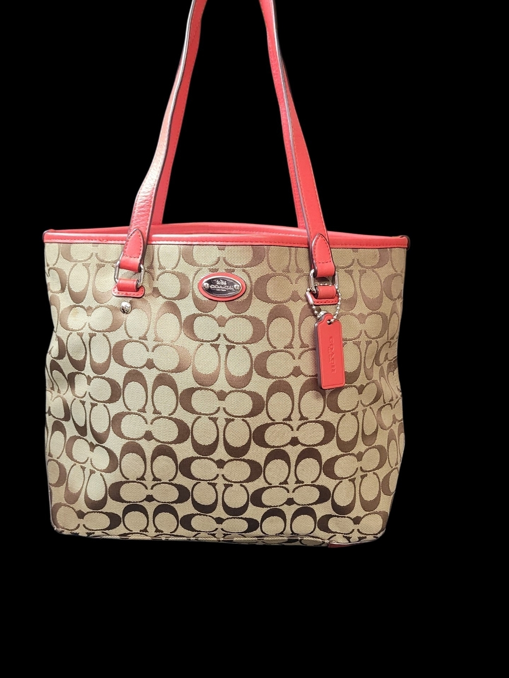 Coach Beige Signature Canvas Tote with Red Trim